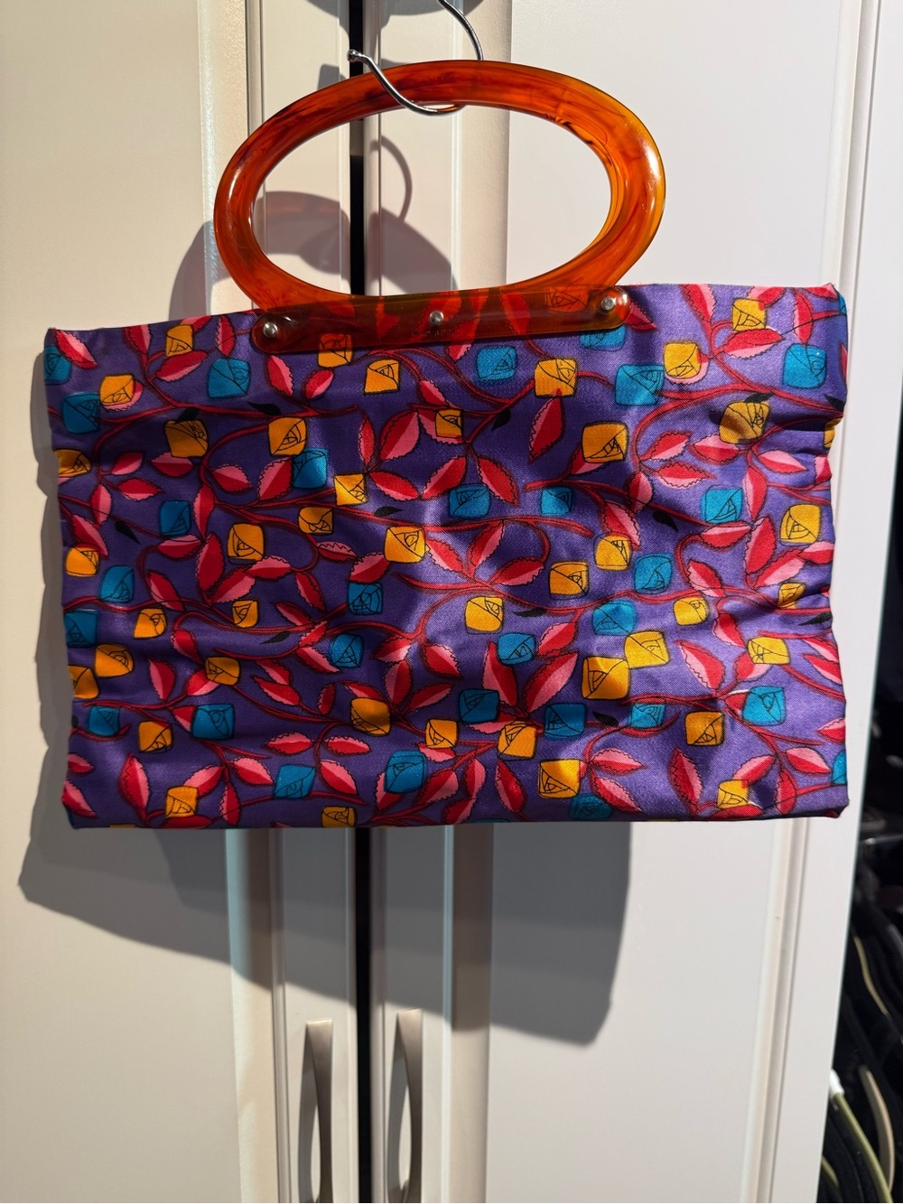Vibrant Purple Floral Print Tote with Amber Handles 16X13 inch pre-owned + gift